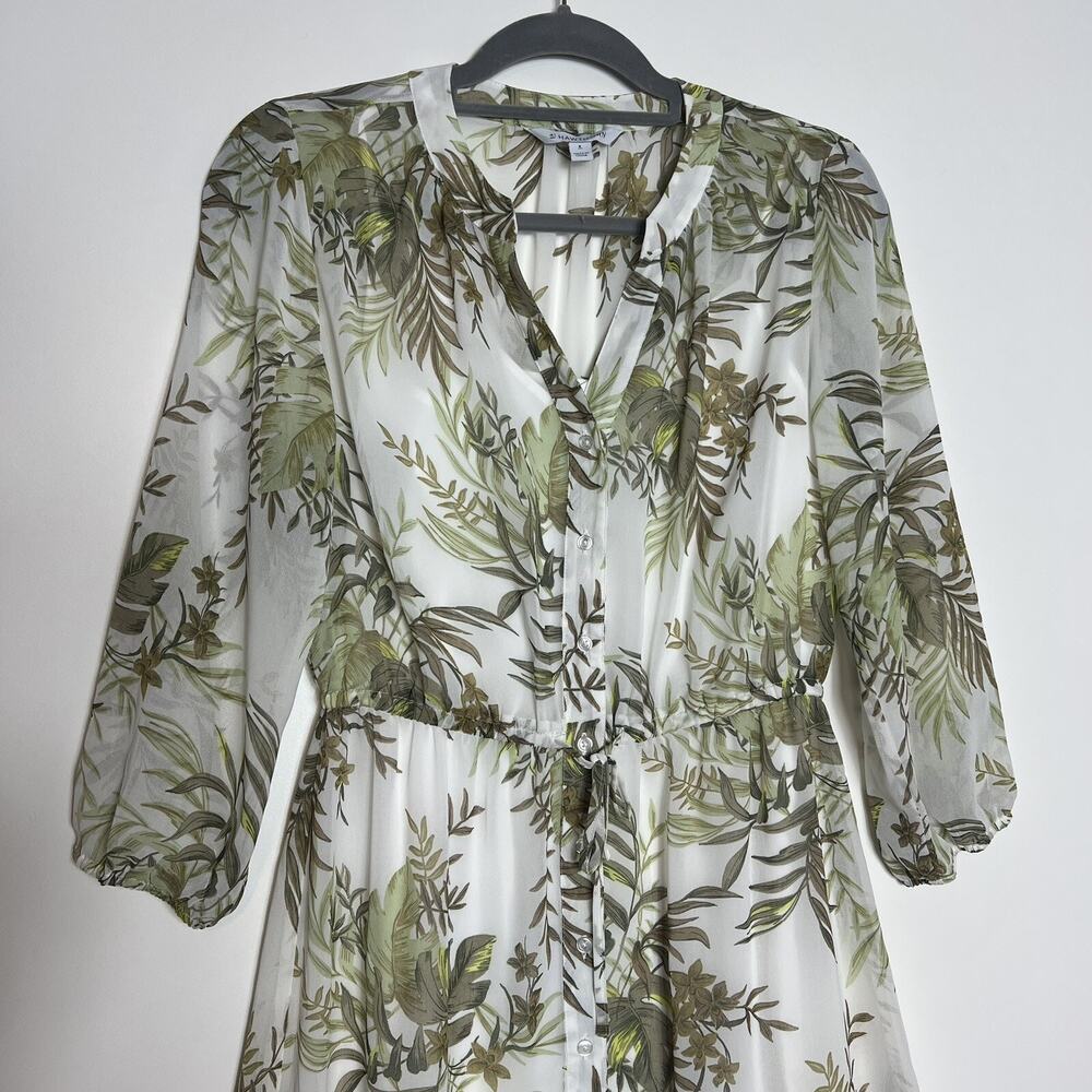 41 Hawthorn Green Floral Leaves Print Button Down Lined Sheer Dress Size S